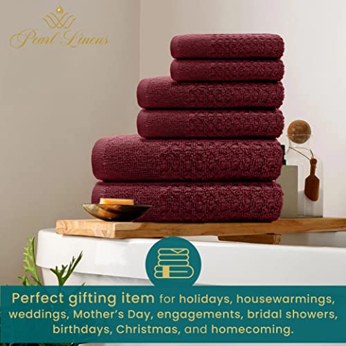Pearl Linens 100% Cotton Premium Bath Towel Set Of 6 For Bathroom, Waffle Towels For Home, Hotel, Spa, Absorbent, Soft, 2 Large Bath Towels, 2 Bath Hand Towels & 2 Wash Cloths For Your Body, Burgundy #TOP2