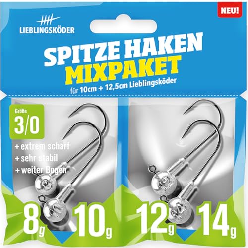 Lieblingsköder Spitze Haken 3/0 Mixpaket - 4 Jigköpfe für Gummifische Jighaken für Gummiköder Bleiköpfe für Gummishad Jigkopf