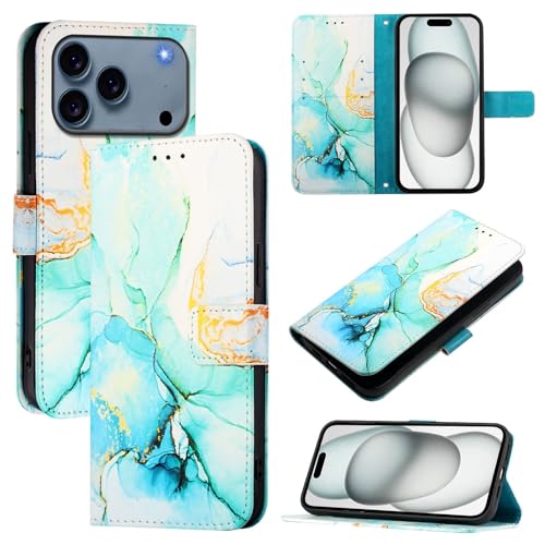 Étui portefeuille iPhone 17 vert marbré idéal pour vos sorties urbaines