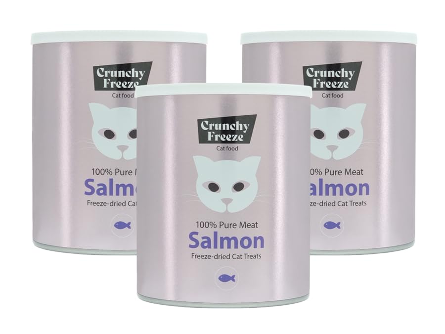 Crunchy Freeze Snack für Katzen - gefriergetrocknetes Katzenfutter ohne Zucker - Katzensnack für Zahnpflege und Gesundheit (Lachs Dreierpack, 3 x 140 g)