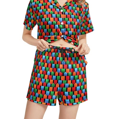 Image of Funny Pajamas for Women Set Print Satin Loungewear Pjs Short Sleeve Button Down Top and Shorts Sets Sleepwear XS-3XL