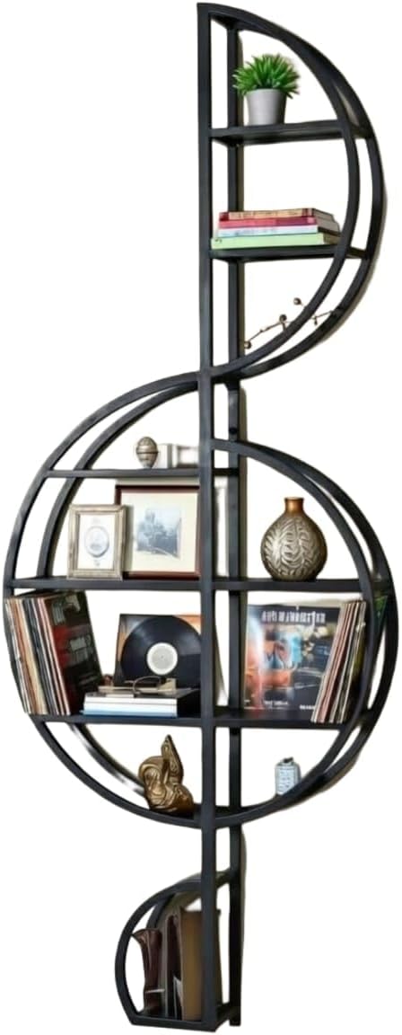 ALIF Metal Music Note Wall Shelf, Treble Clef Design, Black Wall Mounted Bookshelf, 24 x 12 x 4 Inch Musical Home Decor