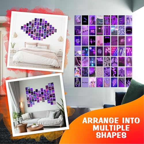 Image of CodersParadise Purple Wall Collage Kit - Aesthetic 4x6 Inch Posters for Bedroom, Dorm, Office & Living Room Decor | Premium Purple Theme Cardstock Wall Art Prints with Glue Dots Included (Pack of 54)
