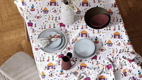Image of LORETO - A QUALITY LINEN BRAND 100% Pure Cotton Rectangular Table Cover with Tassels (48x72 Inch) - Tablecloth for 6 Seater Dining Table, Multicolor Tribal Motifs on Crisp White