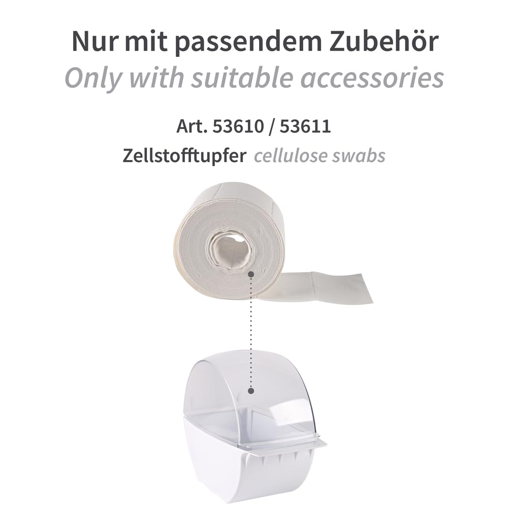 1 Stück Hygostar Spender für Zellstofftupfer | Kunststoff, weiß, L: 23,5cm, B: 12,5cm, H: 20cm, Spender für Tupfer auf Rolle, Tupfer Zellettenbox, Zellettenspender, Kosmetex Tupfer-Spender
