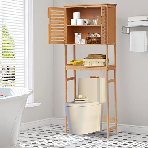 JSUN7 Bamboo Over The Toilet Storage - Bathroom Storage Cabinet with Adjustable Shelves, Over The...