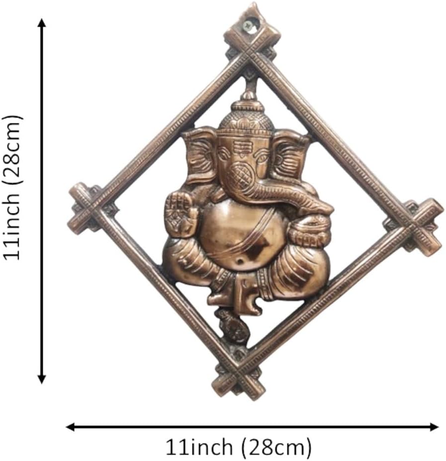 Purpledip Metal Wall Door Hanging Ganesha: Ganapathi Vinayak Plaque, Golden (12682)