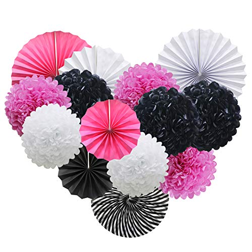 Pink White Black Hanging Paper Party Decorations, Round Paper Fans Set Paper Pom