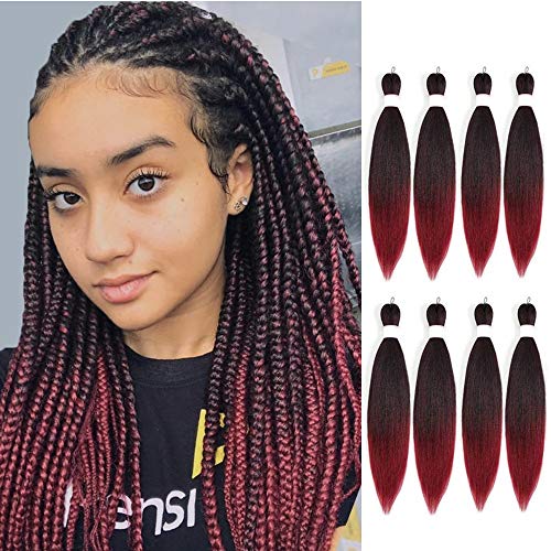 Pre-stretched Braiding Hair Itch Free 20 Inch 8 Packs/Lot Ombre Burgundy EZ Braid Hot Water Setting Braiding Hair Professional Synthetic Fiber Yaki Texture Pre-feathered Braiding Hair (1B/900#)