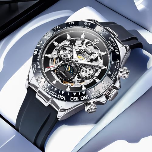 Image of OLEVS Self Winding Watches for Men Automatic Mechanical Skeleton Luxury Dress Waterproof Moon Phase Tourbillon Chronograph Stainless Steel Luminous Wristwatch