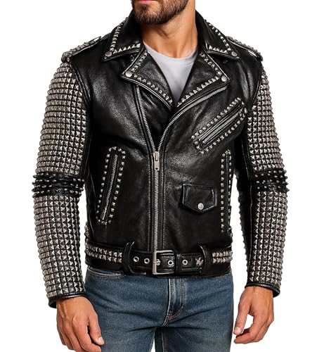 Image of Men's Studded Cowhide Leather Biker Jacket - Punk Rock Spiked Brando Coat | Classic Biker Collar Covered In Heavy Metal Cone Spikes Design