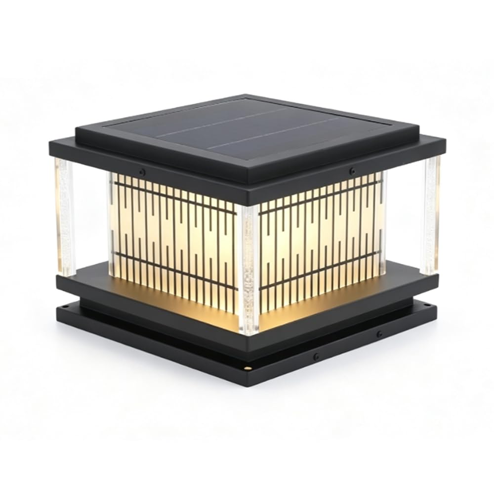 Solarna lampa ogrodowa z kolumną, czarna, kwadratowa, zewnętrzna