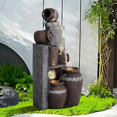 TITIMO 39.3" Outdoor Water Fountain with LED Lights 5 Tiers Modern Cascading Large Outdoor Fountain with Lights for Garden, Patio, Backyard, Deck, Porch and Home Art Decor (Gray)