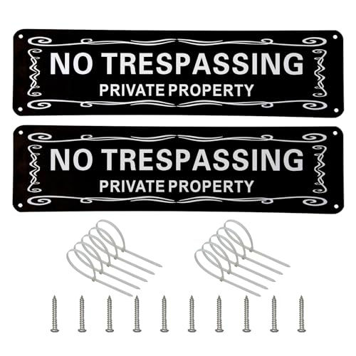 Reflective Private Property No Trespassing Sign 2 Pack, Aluminum Metal Yard Signs 12x3 in - UV Protected & Fade Resistant, Includes 10 Screws + 10 Zip
