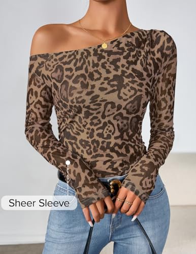 ZESICA Women's Floral Off Shoulder Long Sleeve Tops 2025 Fall Mesh Ruched Fitted Trendy Going Out Shirts Blouses2