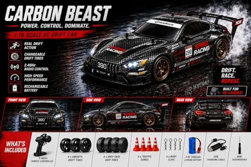 Image of 1:16 or 1 16 RC Drift Car, 2.4GHz Remote Control Racing Car, 4WD High Speed with LED Lights, Proportional Throttle, Extra Drift Wheels for Kids (Black & Grey)