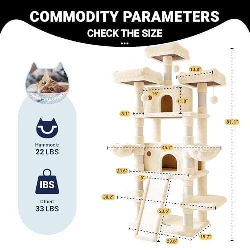 Image of Allewie 82 Inches Large Cat Tree /House /XXL Tall Cat Towers for Big Feline /Scratching Post /Multi-Level Large Kitty Climbing Tree with Condo /Beige