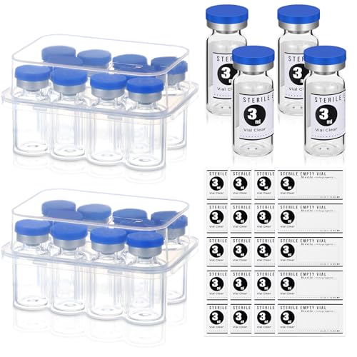 Threlaco 20 Pcs 3ml Sealed Sterile Empty Vials with Self Healing Injection Port Glass Penicillin Bottle with 20 Label Stickers