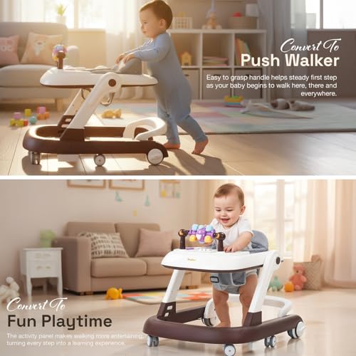 Image of Baybee 2-in-1 Convertible Baby Walker with Push Walker Mode, Foldable Design, Musical Toy Bar & Safety Stopper - Walker for Kids for 6 to 18 Months, Baby Walkers for 6-18 Month Baby Boy & Girl (Brown)