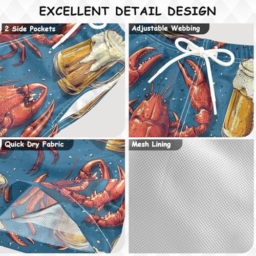 Pigsaly Boys Swim Trunks Crayfish Crabs Beer Mugs Vintage Boys Board Shorts Swimsuit Swimwear Summer Bathing Suit 4T Multicolor3