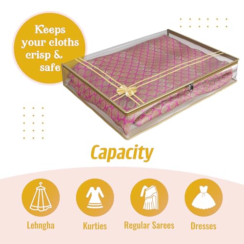 Image of Kuber Industries Saree Cover | Clothes Storage Bag | Suit Packing Cover | Cloth Stoarge Organizer | Wardrobe Cloth Storage Organiser with Zip | Lining Bow Transparent | 3 Inch | Pack of 6 | Gold