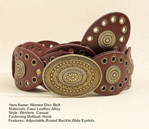 Women Wide-Disc Western-Belts Vintage-Cowgirl Concho-Waist Belt Chunky Country Belts for Jeans Pants3