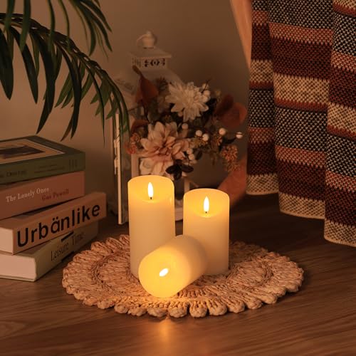 Image of Flameless Candles with Remote, Real Wax Battery Operated Candles with Timer, 3D Wick Ivory Fake LED Candles for Christmas Gifts Home Decor Party Wedding, D3 x H4 /5 inch /6 inch, Set of 3