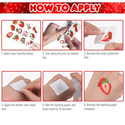 Image of 96PCS Strawberry Berry Pre-Cut Temporary Tattoos for Kids | | Super Cute 1st Themed Birthday Party Favors, Supplies, Decorations, Fake Tattoo Stickers Rewards & Gifts For Boys & Girls