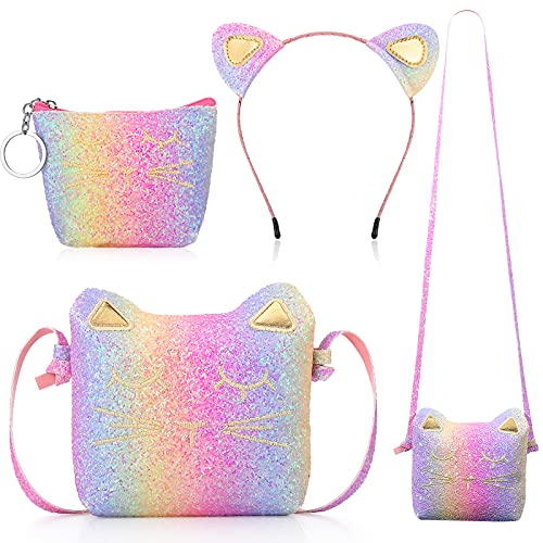3 Pieces Cat Shoulder Bag Purses Headband for Girls, Cute Hand Bags for Girls Cat Handbag with Mini Coin Purse and Cat Headband for Little Girl Birthday Children's Day (Glitter Rainbow Color) 3 Pieces Cat Shoulder Bag Purses Headband for Girls, Cute Hand Bags for Girls Cat Handbag with Mini Coin Purse and Cat Headband for Little Girl Birthday Children's Day (Glitter Rainbow Color)