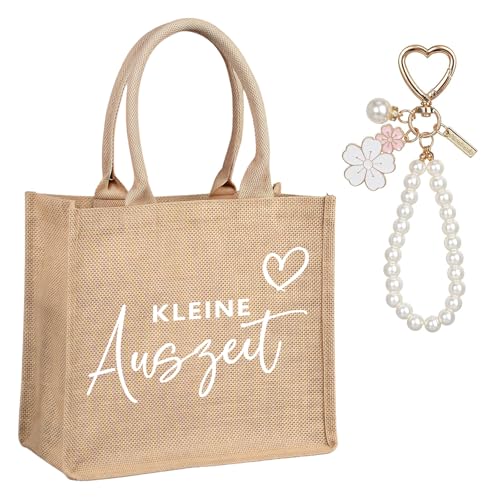 Kleine Auszeit Jutetaschen und Kirschblüte Schlüsselanhänger, Jutetasche, Geschenk Kleine Auszeit Beutel Taschenanhänger, Geschenk für Frauen Freundin Mama Mädchen Damen zum Geburtstag Weihnachten