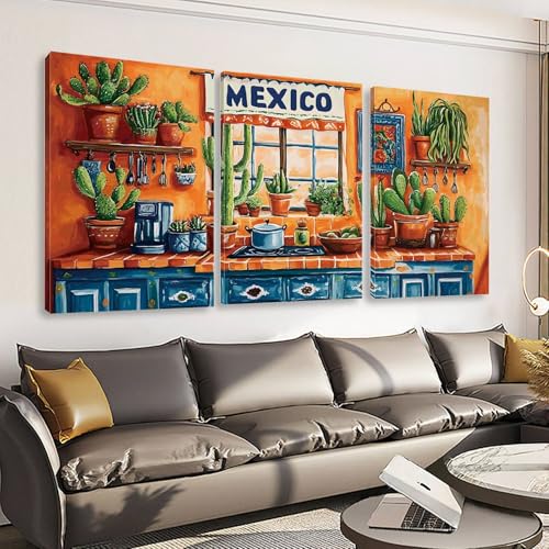 Kewhush Mexican Kitchen Canvas Wall Art, Kitchen Window Cactus Canvas Prints, Set of 3 Mexican Wall Decor, Colorful Botanical Prints, Cactus Wall Art, Home Decor Living Room (12