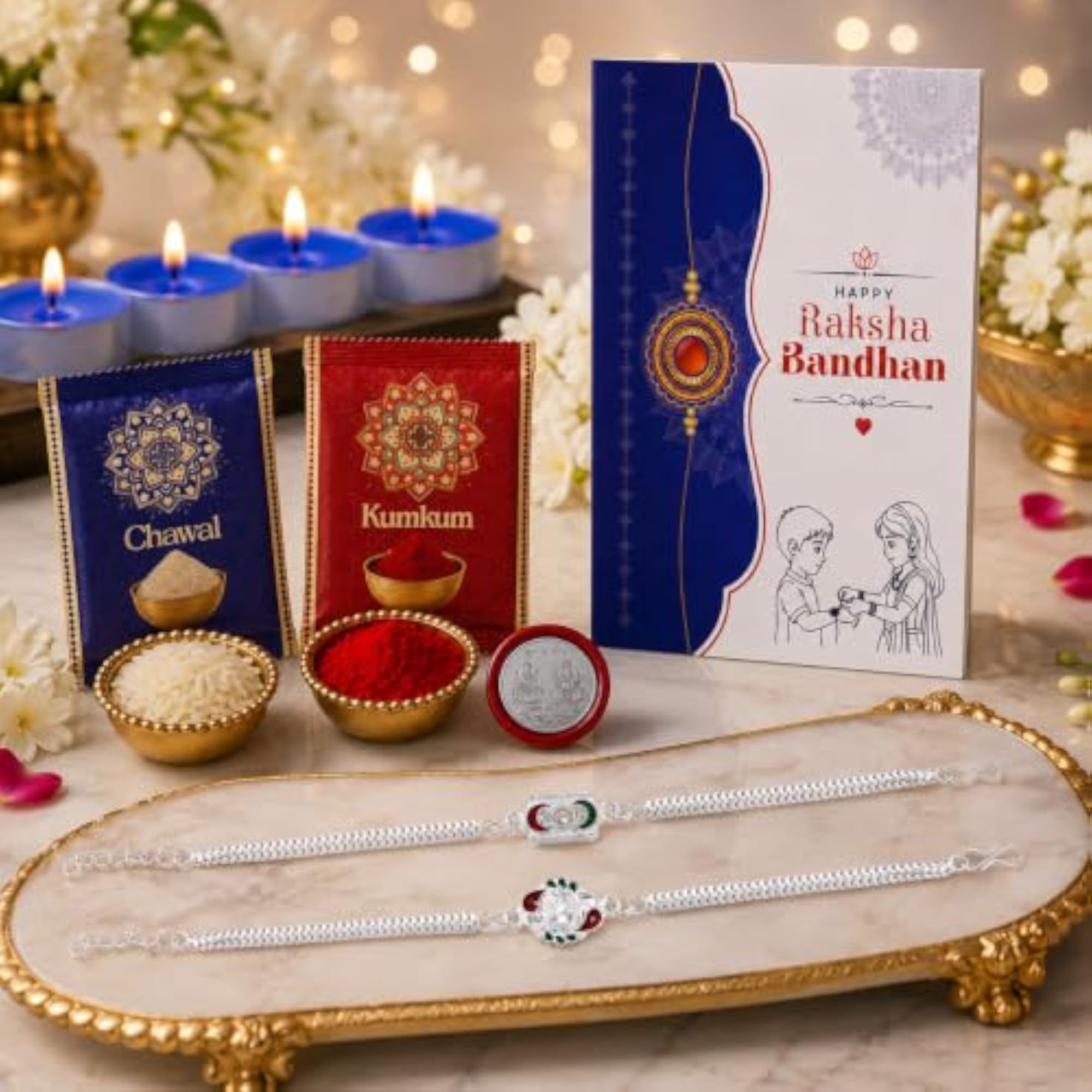 Tealight Candles with Ganesh Design Rakhi Set for Brother