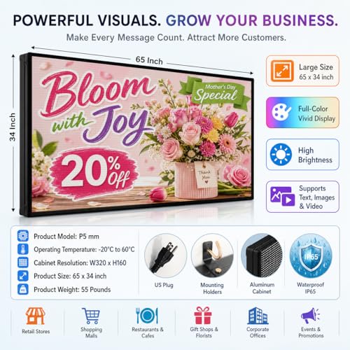 Image of P5 Outdoor LED Sign 65 inch x 34 inch, IP65 Waterproof Programmable Full Color Digital Display with WiFi & USB Control, High-Resolution Scrolling Text Image Video LED Advertising Board for Business