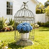 Rustic Vintage Birdcage Planter Holder Farmhouse Distressed Decorative Metal Round Plants Stand with Latch Lock Closure and Hanging Hook for Table Garden Patio Home Indoor Outdoor Centerpiece Decor
