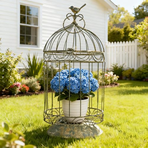 Rustic Vintage Birdcage Planter Holder Farmhouse Distressed Decorative Metal Round Plants Stand with Latch Lock Closure and Hanging Hook for Table Garden Patio Home Indoor Outdoor Centerpiece Decor
