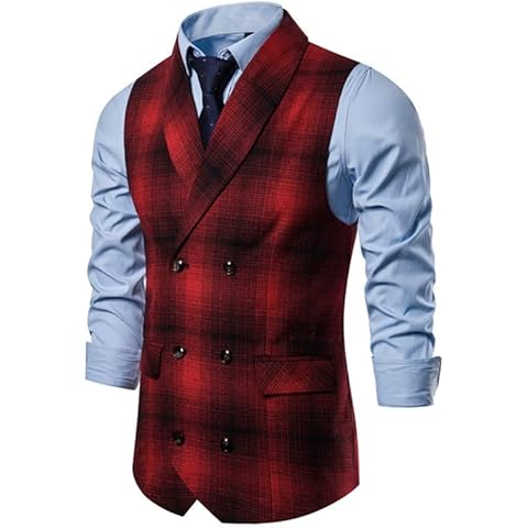 WAIDFU Men's Vest Plaid Dress Vest for Men Slim Fit Formal Business Tuxedo Suit Waistcoat Cover