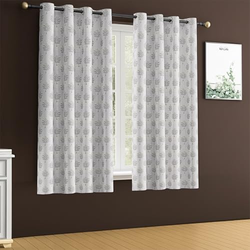 Image of Yellow Weaves 2 Pcs Jacquard Tree Eyelet Window Curtain - Perfect for Home, Office, Bedroom, Living Room & Balcony - 5 Feet (Silver)