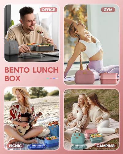 Image of KEMETHY Stainless Steel Lunch Box, 3 Compartment, Insulated, Airtight, Leak Proof, BPA Free (Pink)