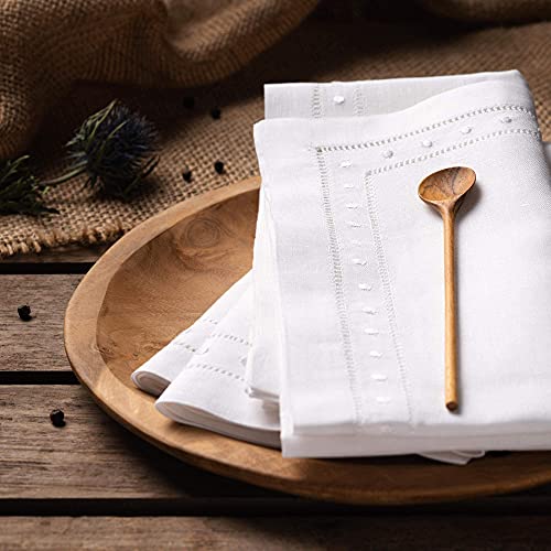 Linen Napkins - White 18 X 18 Inch, Set Of 4 Hemstitch Dinner Napkins Cloth With Embroidered Dot - Machine Washable, French Flax Natural Fabric #TOP6
