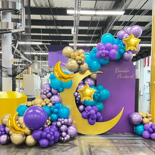 Image of 144pcs Eid Mubarak Balloon Arch Kit, Ramadan Eid al-Adha Decorations, Turquoise Teal Blue Purple Gold Moon Twinkle Star Balloons Garland, Happy Eid al-Fitr Party Muslim Islamic EID party for Home