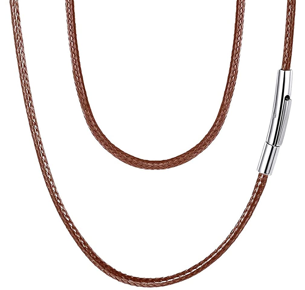 U7 2mm 3mm Black/Brown Leather Cord Necklace with Stainless Steel Clasp, Men Women Woven Wax Rope Chain for Pendant, Length 16" 18" 20" 22" 24" 26" 28" 30"