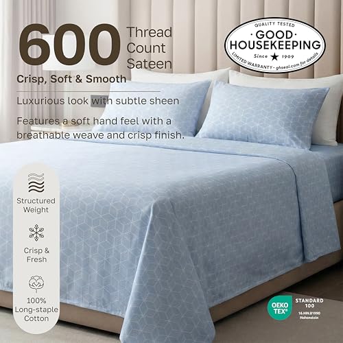 Image of California Design Den King Size Sheet Set - 100% Cotton, 600 Thread Count, Deep Pocket King Sheets, Premium-Feel Bedding with Sateen Weave - Urban Geometric Print