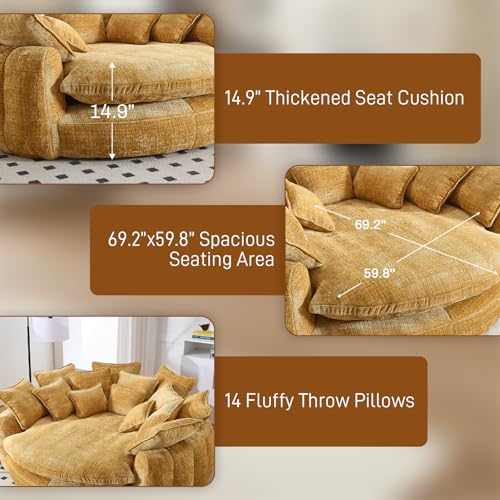 Image of 81 inch Round Sofa Bed Big Bean Bag Round Chaise Lounge Oversized Round Couch Boneless Reading Chair Plush Fluffy Chenille Large Chaise Chair for Living Room, Bedroom, Apartment, Yellow