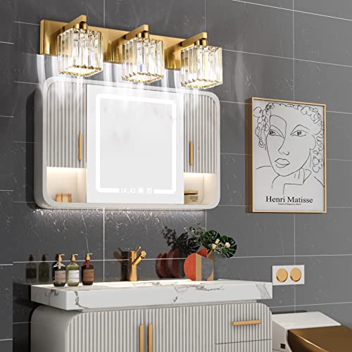 Image of Aipsun Bathroom Vanity Light Fixtures Crystal Vanity Lighting Fixtures Brass 3 Light Bathroom Lighting (Exclude Bulb)