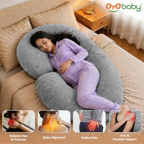 Image of OYO BABY C-Shaped Pregnancy Pillow for Women | Full Body Maternity Support Pillow for Sleeping | Side Sleeper Pillow for Back, Belly, Hips & Legs | Soft Velvet Cover, Removable & Washable (Light Grey)
