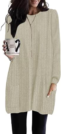 OFEEFAN Women's Long Sleeve Tunic Sweater - Loose Fit, Striped, With Pockets, For Fall And Winter