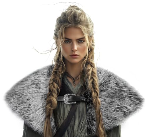 Viking Fur Shawl Collar Medieval Faux Fur Mantle Shoulder Wrap for Women Viking Costume Accessory-Black&White