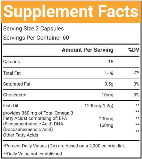 Miniatura 7 de Aceite de pescado omega-3 de 1560 mg, triple fuerza EPA y DHA, 120 cápsulas blandas, 60 porciones, sin gluten, sin OMG y apto para vegetarianos