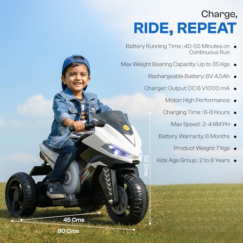 Image of Toyzone Ranger Electric Bike (White) | 6V Rechargeable Bike for Kids with 4.5Ah Battery | LED Lights, Music, MP3 /USB /BT | Smooth Acceleration | 6M Battery Warranty | Age 2-8 Years, Up to 35kg
