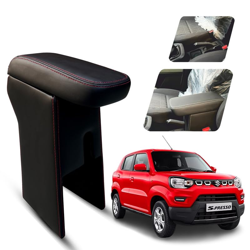Image of Carigiri Premium Finish Car Armrest with Storage Box And High Density Moulded Foam For Maruti Suzuki S.Presso (Black With Red Double Stitching,Nappa Leatherette)